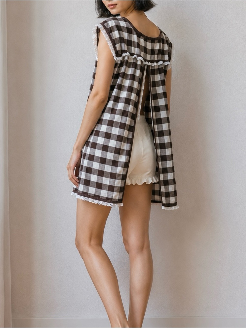Vintage 70s Brown Gingham Smock Apron Dress Cottagecore Prairie